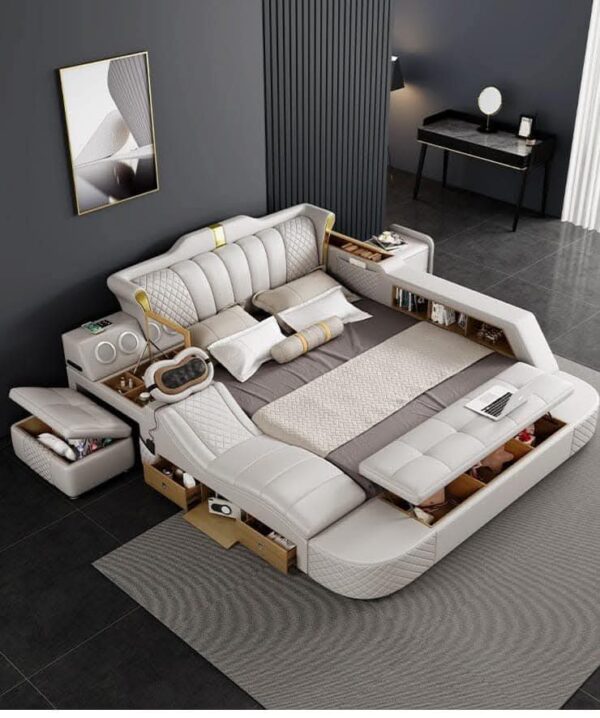 Smart Multifunctional Bed Frame, Platform Bed with Massage Recliner, Bluetooth Speaker, USB Charging, Multifuncion Storage Drawers, Leather Headboard - Image 3