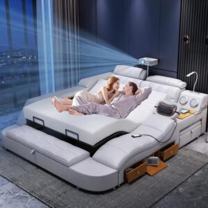 Smart Multifunctional Bed Frame, Platform Bed with Massage Recliner, Bluetooth Speaker, USB Charging, Multifuncion Storage Drawers, Leather Headboard