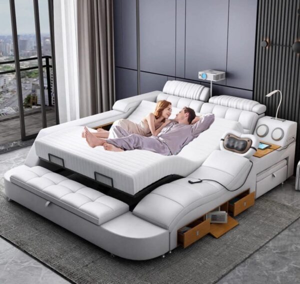 Smart Multifunctional Bed Frame, Platform Bed with Massage Recliner, Bluetooth Speaker, USB Charging, Multifuncion Storage Drawers, Leather Headboard - Image 4