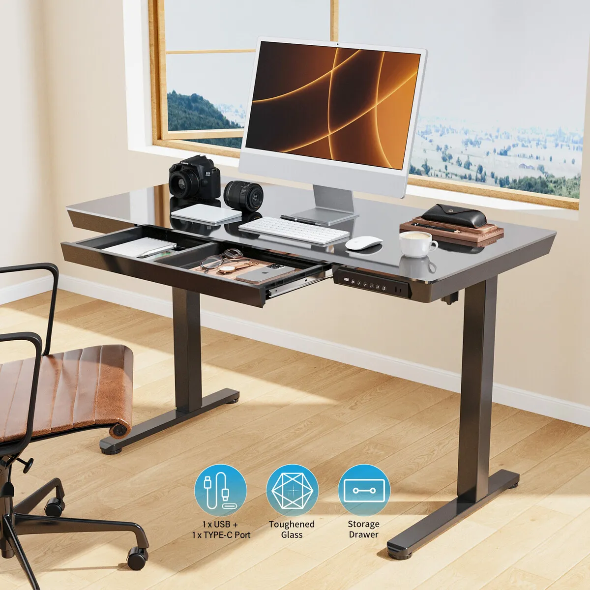 Glass Top Standing Desk Electric Sit Stand Up - Image 5