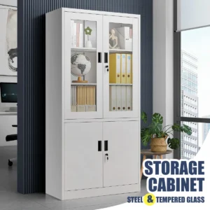 Filing Cabinet Lockable Steel Storage Cupboard w/2 Transparent Doors