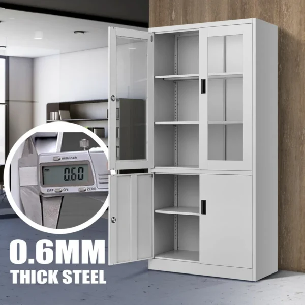 Filing Cabinet Lockable Steel Storage Cupboard w/2 Transparent Doors - Image 3