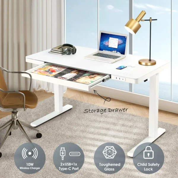 Glass Top Height Adjustable Sit Stand Desk W/Charging Ports - Image 4