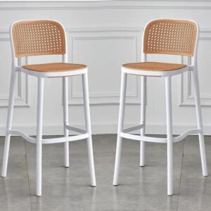 Molded Plastic Ergonomic Bar Stools(set Of 2 ) - White & Tan Brown