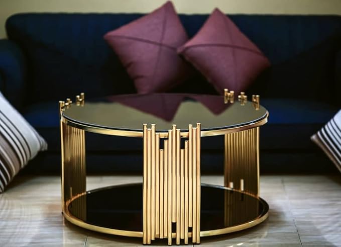Gold Stainless Steel Round Table for Living Room with 8mm Stained Glass Anti Scratch - Image 4