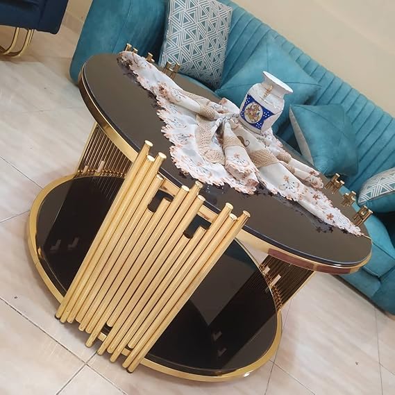 Gold Stainless Steel Round Table for Living Room with 8mm Stained Glass Anti Scratch - Image 5