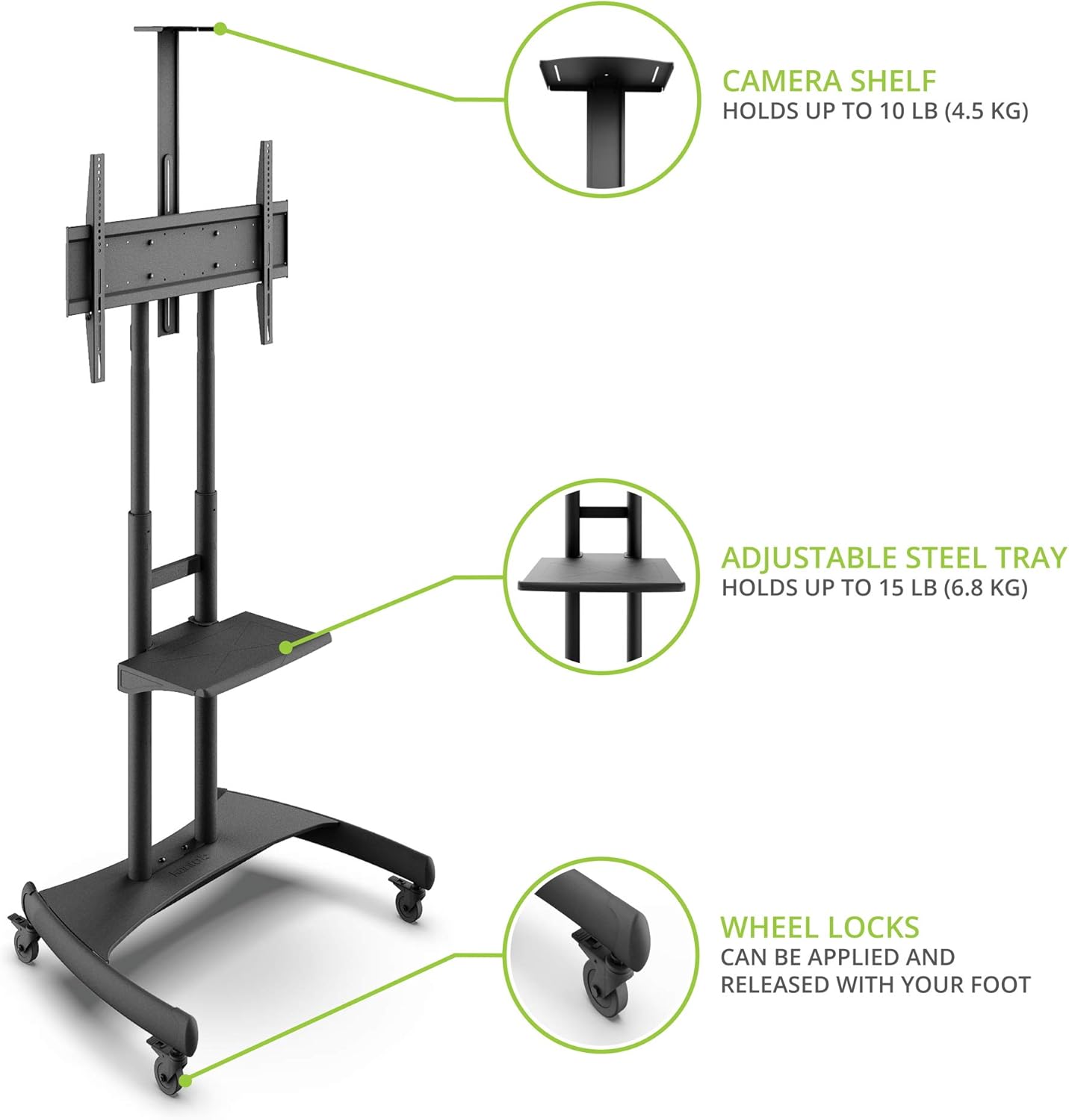 Adjustable Mobile TV Stand for 32 to 75-inch TVs, 200 LB Capacity - Image 2