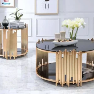 Gold Stainless Steel Round Table for Living Room with 8mm Stained Glass Anti Scratch