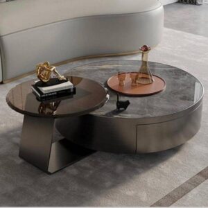 Grey Shade Round Marble Top Coffee Table and Tempered Glass Top Side Table with Stainless Steel Legs - Verona