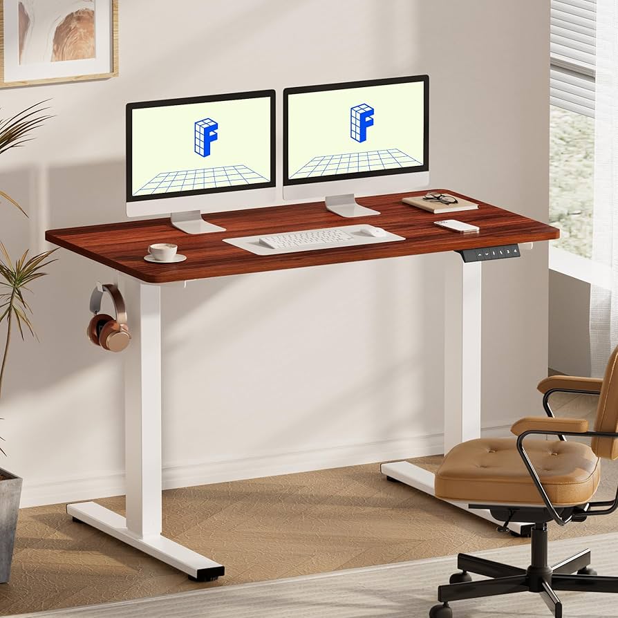 55 x 28 Inches Electric Height Adjustable Desk for Home Office (White Frame + Mahogany Desktop - Image 3