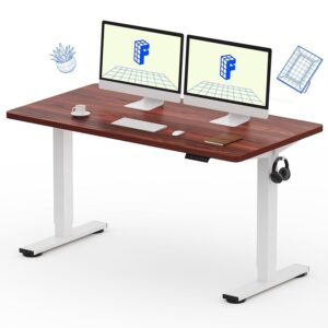 55 x 28 Inches Electric Height Adjustable Desk for Home Office (White Frame + Mahogany Desktop