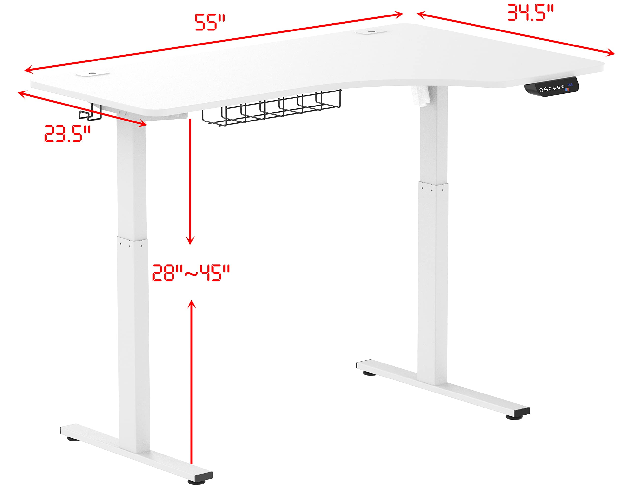 Electric Height Adjustable L-Shaped Standing Desk, 55-Inch, White - Image 3