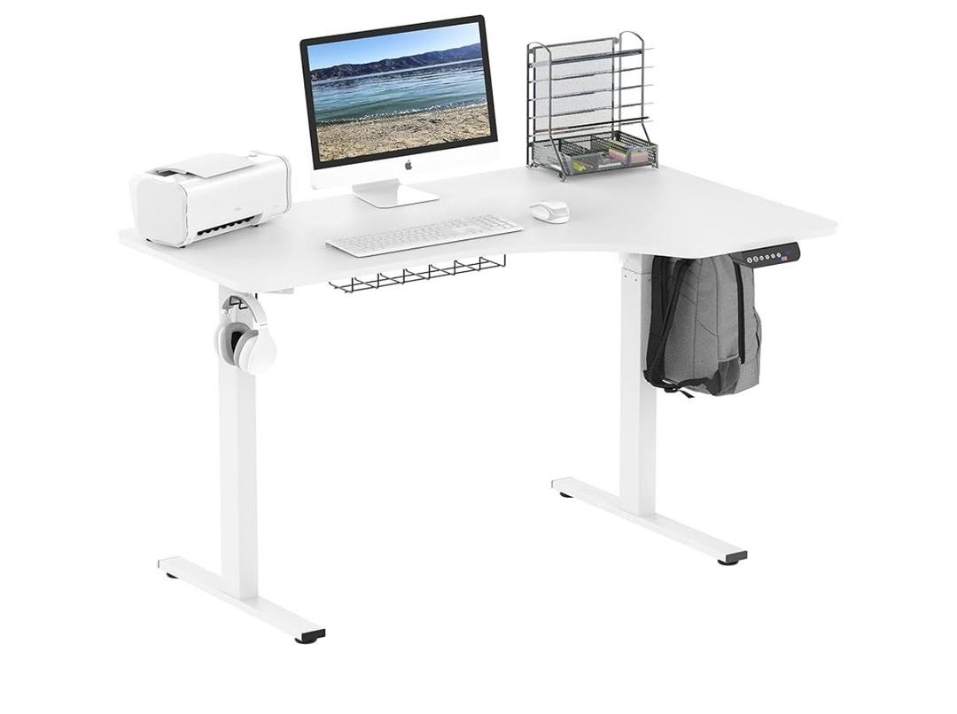 Electric Height Adjustable L-Shaped Standing Desk, 55-Inch, White