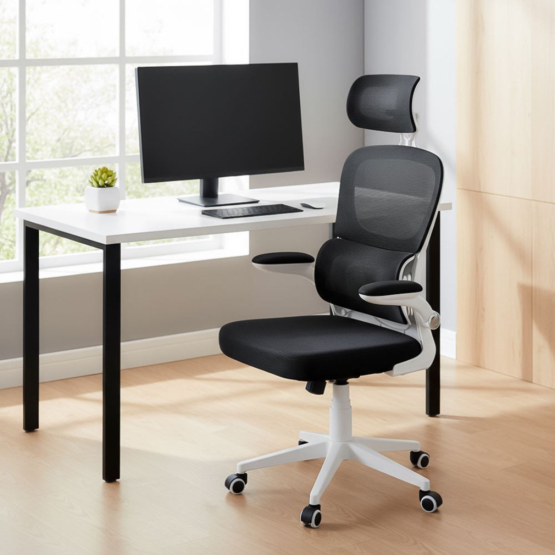 ERGONOMIC DESK CHAIR WITH LUMBAR SUPPORT AND FOLDING ARMS OFF 432 BLACK - Image 6
