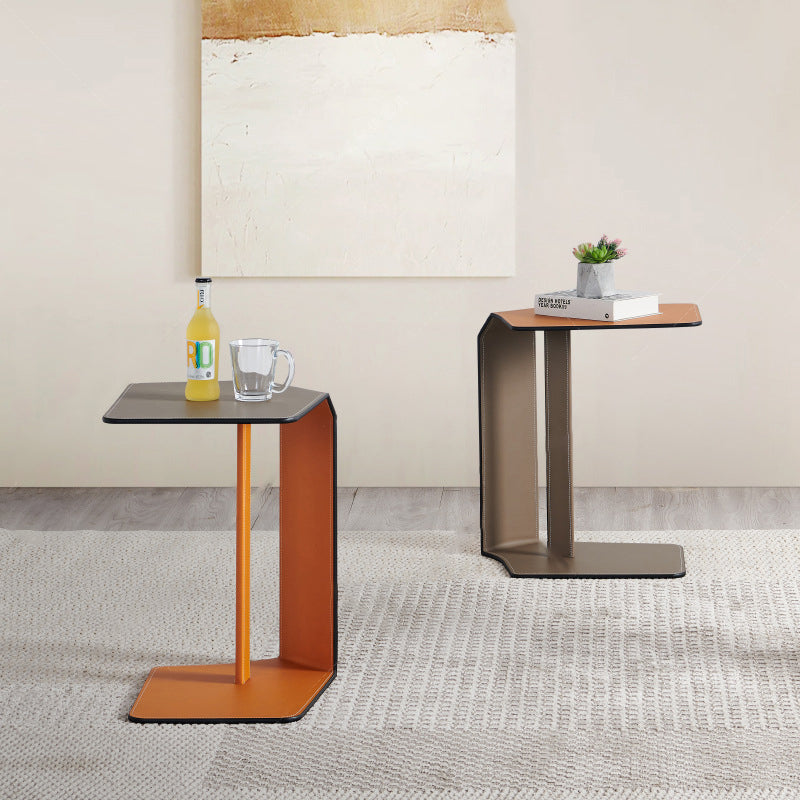 Modern Simplicity Irregular Shape Saddle Leather Carbon Steel Side Table Embedded For Living Room - Image 5