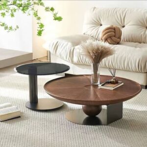 Minimalist Modern Wooden Round Coffee Table Set of 2 Rustic Vintage