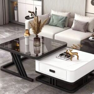 Marble and Glass Twin Center Table with Drawer