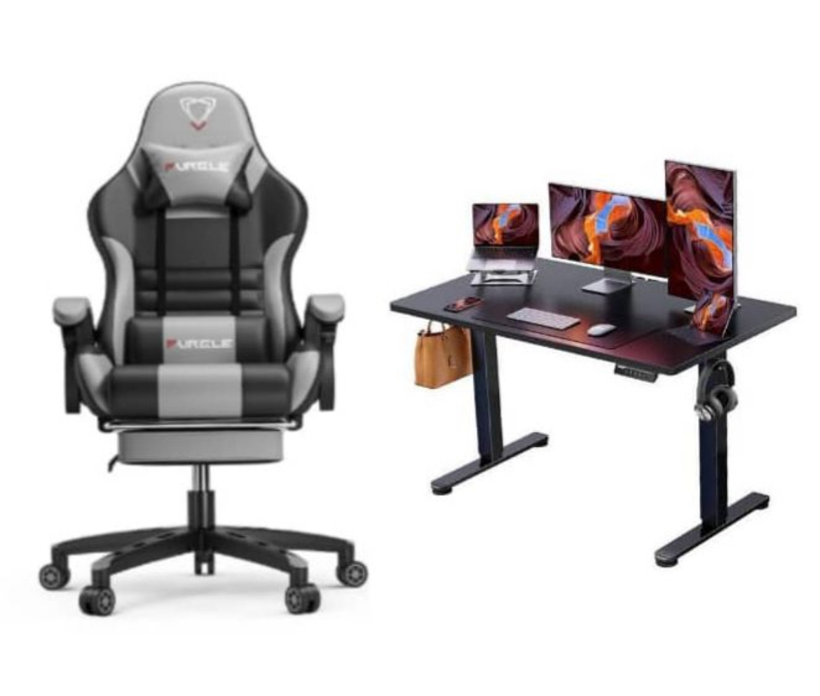 Set of Furgle pro series gaming chair (grey/black) Adjustable height desk(black)1.4mtrs